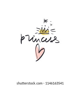 Hand lettered baby princess label, fairy tale concept, lettering word. Stylish girl print for posters, cards, mugs, clothes and other. Vector Illustration, clipart. Isolated on white background.