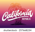 Hand lettered California republic apparel t shirt fashion design, summer beach palm tree tee graphic, typographic art, ink drawing vector illustration, Golden state west coast travel souvenir