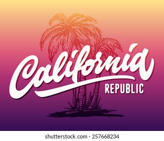Hand lettered California republic apparel t shirt fashion design, summer beach palm tree tee graphic, typographic art, ink drawing vector illustration, Golden state west coast travel souvenir