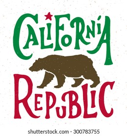 Hand lettered California Republic apparel t shirt fashion design, Walking Grizzly Bear graphic, typographic art, ink drawing vector illustration, Golden state west coast travel souvenir. Flag colors.