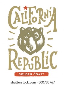 Hand lettered California Republic apparel t shirt fashion design, Grizzly Bear Head graphic, typographic art, ink drawing vector illustration, Golden state west coast travel souvenir