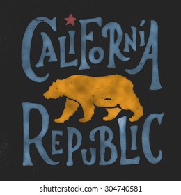 Hand lettered California Republic apparel t shirt fashion design, Walking Grizzly Bear graphic, typographic art, ink drawing vector illustration, Golden state west coast travel souvenir.