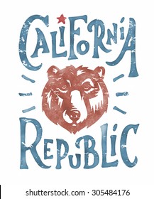 Hand lettered California Republic apparel t shirt fashion design, Grizzly Bear Head graphic, typographic art, ink drawing vector illustration, Golden state west coast travel souvenir. Wall Decor