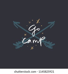 Hand lettered camping logo, label, handwriting sign, print. Unique stylish design for posters, cards, mugs, clothes and other. Vector Illustration, clipart. Isolated on white background.