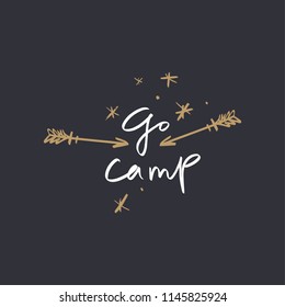 Hand lettered camping logo, label, handwriting sign, print. Unique stylish design for posters, cards, mugs, clothes and other. Vector Illustration, clipart. Isolated on white background.
