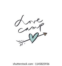 Hand lettered camping logo, label, print. Unique stylish design for posters, cards, mugs, clothes and other. Vector Illustration, clipart. Isolated on white background.