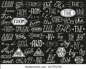 Hand lettered catchwords And, From, The, By. Collection of hand drawn catchwords. Ampersands and catchwords for your design. Modern handwritten calligraphy and lettering vector set.