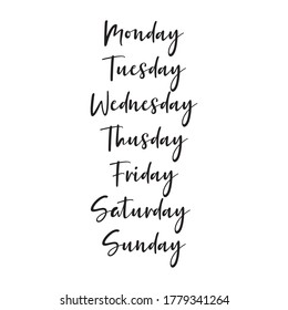 Hand Lettered Days of the Week. Calligraphy words Monday, Tuesday, Wednesday, Thursday, Friday, Saturday, Sunday. Lettering for Calendar, Organizer, Planner