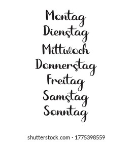 Hand Lettered Days of the Week in German. Translated: Monday, Tuesday, Wednesday, Thursday, Friday, Saturday, Sunday. Lettering for Calendar, Organizer, Planner