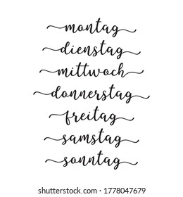 Hand Lettered Days of the Week in German. Translated: Monday, Tuesday, Wednesday, Thursday, Friday, Saturday, Sunday. Lettering for Calendar, Organizer, Planner

