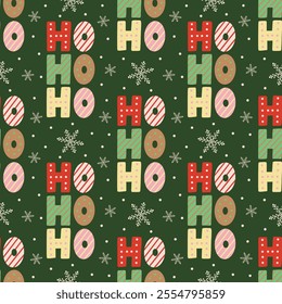Hand lettered decorative hohoho text with snowflakes on green vector seamless pattern design.
