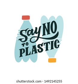 Hand lettered environment friendly eco-lifestyle quote against plastic pollution. Say NO to plastic. Vector illustration, isolated on white background. 