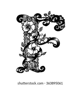 Hand lettered F vector monogram with flowers in black and white