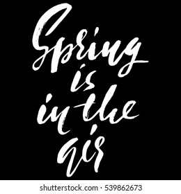 Hand lettered inspirational quote. Spring is in the air. Hand brushed ink lettering. Modern brush calligraphy. Vector illustration.