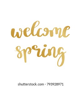 Hand lettered inspirational quote Welcome Spring. Hand brushed ink lettering. Modern golden brush calligraphy on white background. Vector illustration.