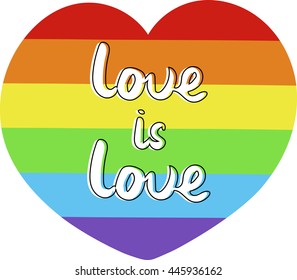 Hand lettered love is love. Lgbt rainbow heart shape. Vector illustration.