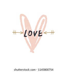 Hand lettered love sign, romantic concept, boho label, brush lettering word. Unique stylish art, print for posters, cards, postcards, mugs, clothes and other. Vector Illustration, clipart, isolated.