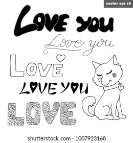 Hand lettered love signs in different styles. symbol of valentine and new year - dog. vector illustration. Element for decoration, coloring book, bookmark, sticker.
