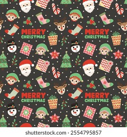 Hand lettered Merry Christmas greetings with Christmas elements on charcoal gray vector seamless pattern design.