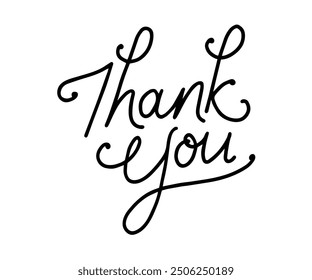 A hand lettered message of gratitude in a flourished lettering style in black isolated on a white background