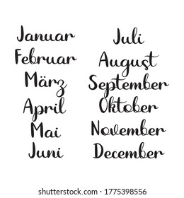 Hand Lettered Months of the Year Set in German. Translated:  January, February, March, April, May, June, July, August, September, October, November, December. Lettering for Calendar, Organizer