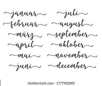 Hand Lettered Months of the Year Set in German. Translated:  January, February, March, April, May, June, July, August, September, October, November, December. Calligraphy for Calendar, Organizer