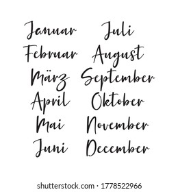 Hand Lettered Months of the Year Set in German. Translated:  January, February, March, April, May, June, July, August, September, October, November, December. Lettering for Calendar, Organizer