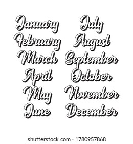 Hand Lettered Months of the Year Set. Calligraphy words January, February, March, April, May, June, July, August, September, October, November, December. Lettering for Calendar, Organizer, Planner
