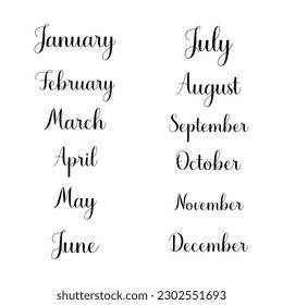 Hand Lettered Months of the Year Set. Calligraphy words January, February, March, April, May, June, July, August, September, October, November, December. Lettering for Calendar, Organizer, Planner.