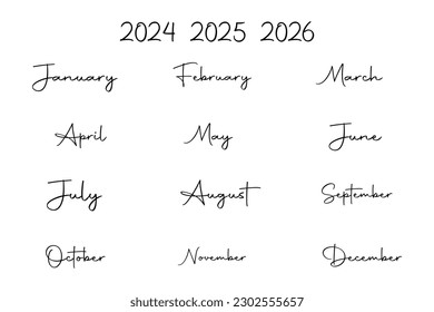 Hand Lettered Months of the Year Set in German. 2024,2025.Translated: January, February, March, April, May, June, July, August, September, October, November, December.Brush handwritten names of months