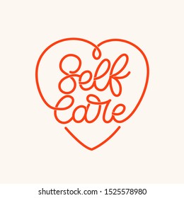 Hand lettered phrase in heart shape. The inscription: Selfcare. Perfect design for greeting cards, posters, T-shirts, banners, print invitations.Monoline lettering.