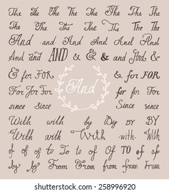 Hand lettered set of ampersands and catchwords (with, and, for, from, the, of, by, since), vector illustration