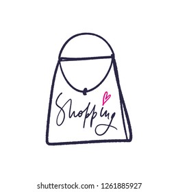 Hand lettered shopping text logo and bag, type label, print. Unique stylish calligraphy design for posters, cards, mugs, clothes and other. Vector Illustration, clipart. Isolated on white background.