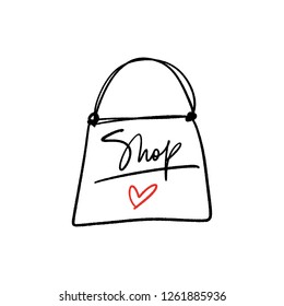 Hand lettered shopping text logo and bag, type label, print. Unique stylish calligraphy design for posters, cards, mugs, clothes and other. Vector Illustration, clipart. Isolated on white background.