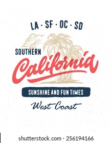 Hand lettered southern California apparel t shirt fashion design, summer beach palm tree tee graphic, typographic art, ink drawing vector illustration, Golden state west coast travel souvenir