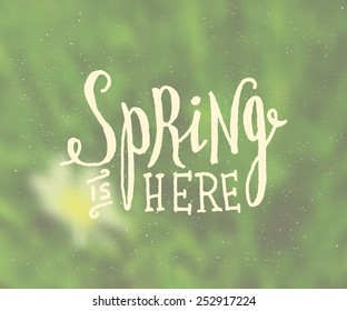 Hand lettered style spring design on a blurred background. "Spring is Here" typographic design card. EPS10 file, gradient mesh used.