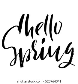 Hand lettered style spring design on a white background. Hello spring hand drawn calligraphy letters. Vector illustration