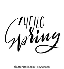 Hand lettered style spring design on a white background. Hello spring hand drawn calligraphy letters. Vector illustration