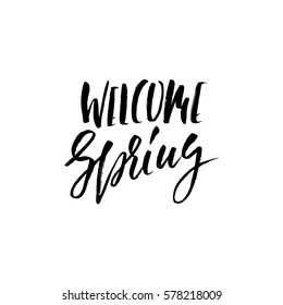 Hand lettered style spring design on a white background. Welcome Spring hand drawn calligraphy letters. Vector illustration