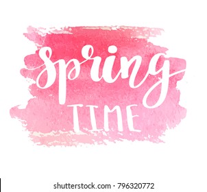 Hand lettered style spring design on a pink watercolor 