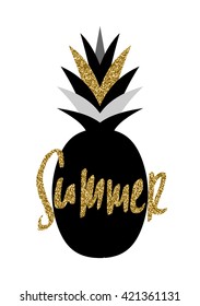 Hand lettered "Summer" and pineapple design in black and gold isolated on white background.