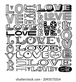 Texto escrito a mano en blanco y negro, palabra dibujada a mano amor. 
