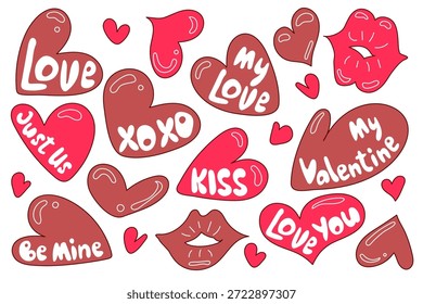 Mão Letra Valentine Coração e Lábios Adesivo Conjunto Vermelho e Terracota Amor Doodles