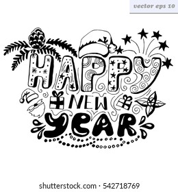 hand lettered vector illustration of happy new year sign. black and white illustrationi. element for christmas card, print, congratulation, etc.