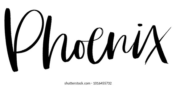 Hand lettered vector monochromatic brushstroke Phoenix, Arizona calligraphy city name.  Hand written U.S. state capital, travel or destination city isolated on a white background.