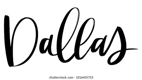Hand lettered vector monochromatic brushstroke Dallas, Texas calligraphy city name.  Hand written U.S. travel or destination city isolated on a white background.