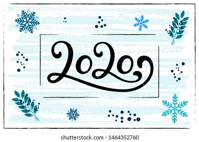 Hand Lettering 2020 year for calendar, banner, bullet journal. Brush calligraphy quote. Happy New Year greeting card. Hand drawn vector lettering black number text 2020 in frame with winter elements.