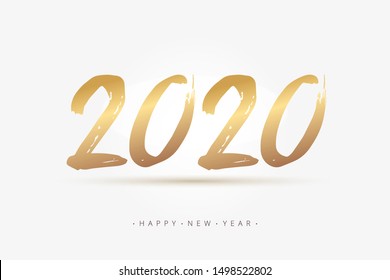 Hand Lettering 2020 year for calendar, web banner, poster. Brush ink calligraphy quote. Happy New Year greeting card. Hand drawn vector lettering gold number text 2020 in white background.