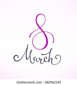 Hand lettering "8 march" on white background. Design card template and Calligraphy text for Holiday Greeting Gift, Postcard or Poster. Vector Illustration