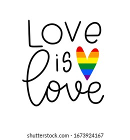 Handschrift über gleiche romantische Beziehung und Achtung der Rechte sexueller Minderheiten. Liebe ist Liebe Vektorillustration Kalligrafie Kurz-Zitat und LGBT Community Regenbogen Herz Clip Kunst. 